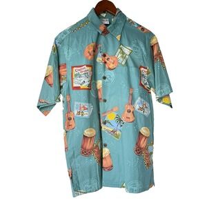 Go Barefoot Hawaiian Shirt Mens M Teal Ukulele Music Tiki Tropical Surf Coastal